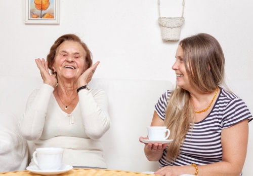 carer having a cup of tea with an elderly retired woman